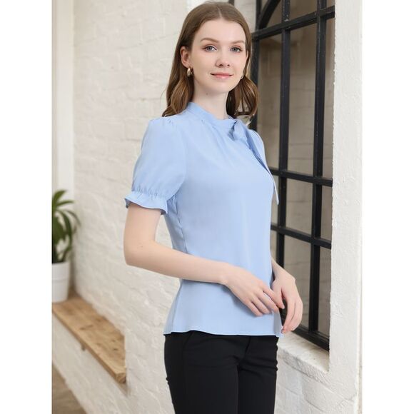 Bow Tie Neck Tops Short Sleeve Blouse Light Blue - Picture 4 of 6